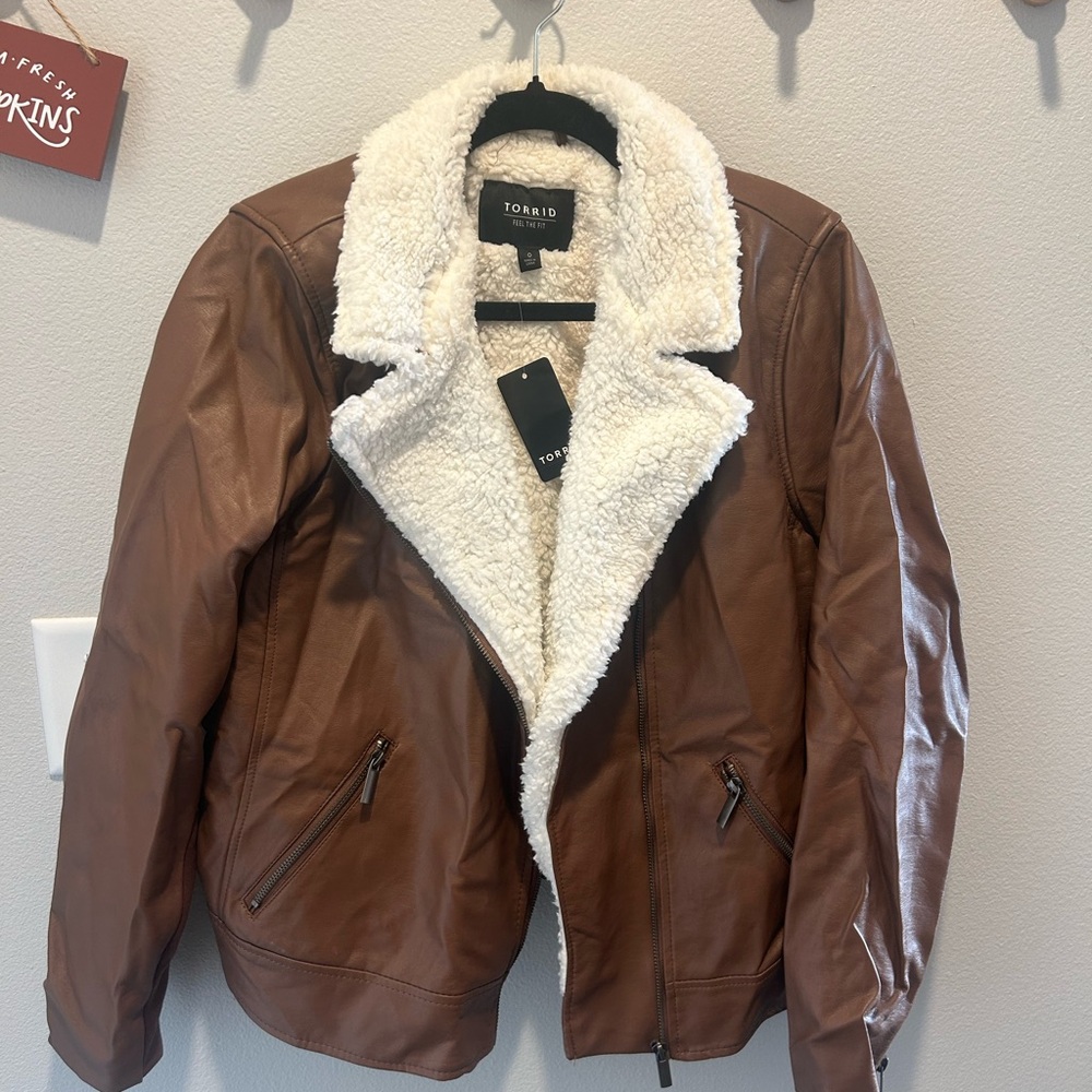 Torrid Tan Leather Jacket with Cream Sherpa Lining